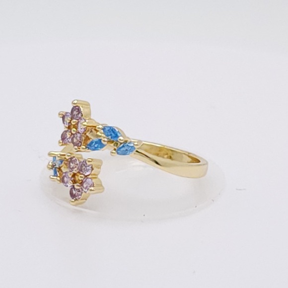Adjustable Zircon Leaf & Flower Ring Gold Tone Purple & Blue Stones NWOT - Picture 7 of 15